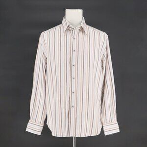 ROBERT GRAHAM Neutral Stripe Paisley Trim Classic Fit Button Down Shirt Size L